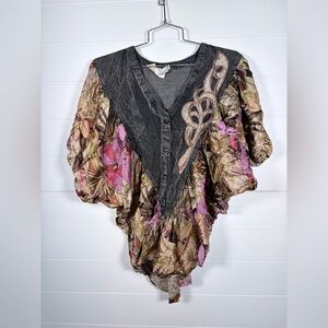 Vintage Modelle Acid Washed Denim Boho Floral Bat Wing Women's Blouse Small